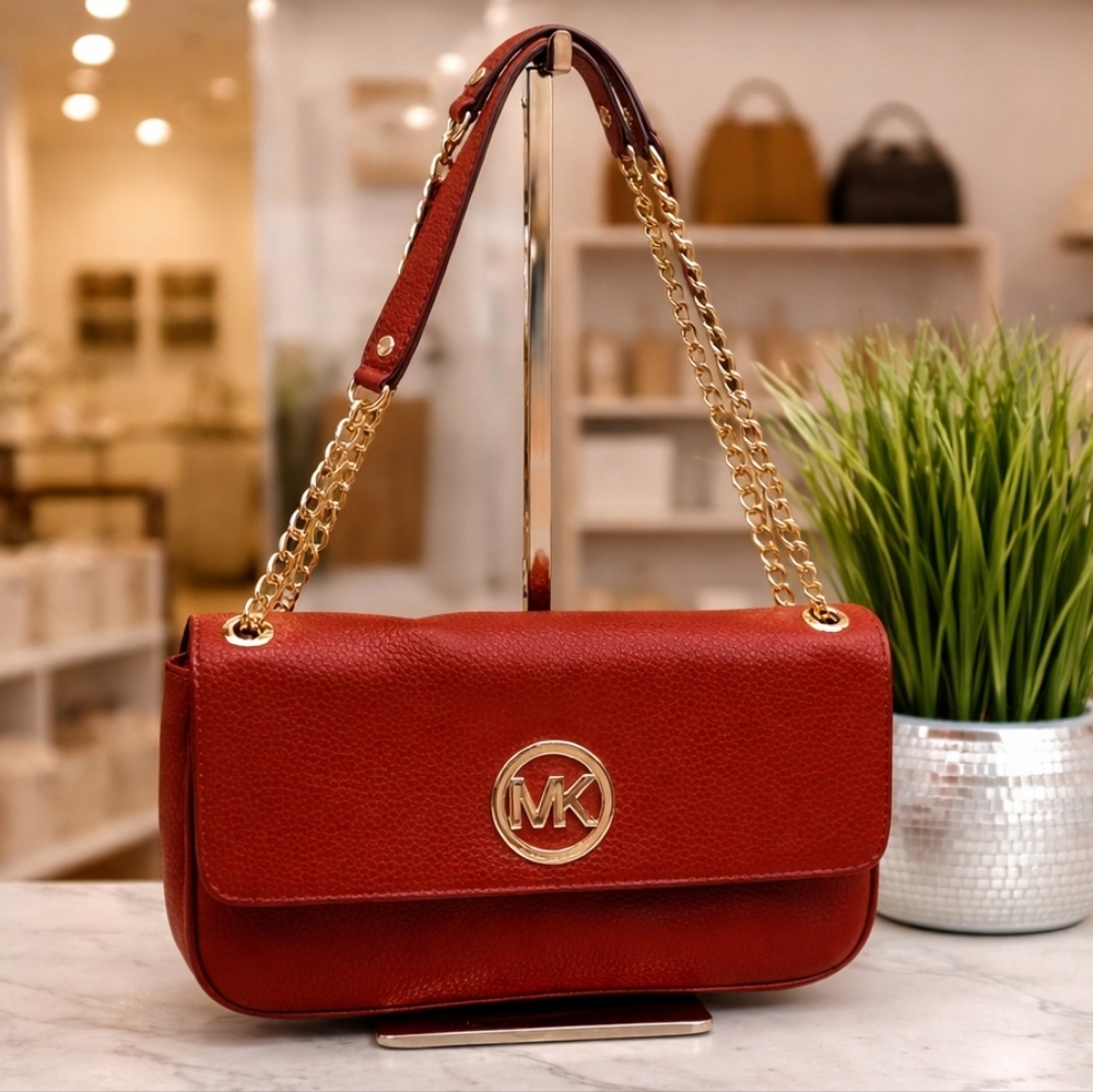 MICHAEL KORS FULTON‎ BAG RED BRICK SHOULDER HAND FLAP LEATHER PURSE FALL NWT
